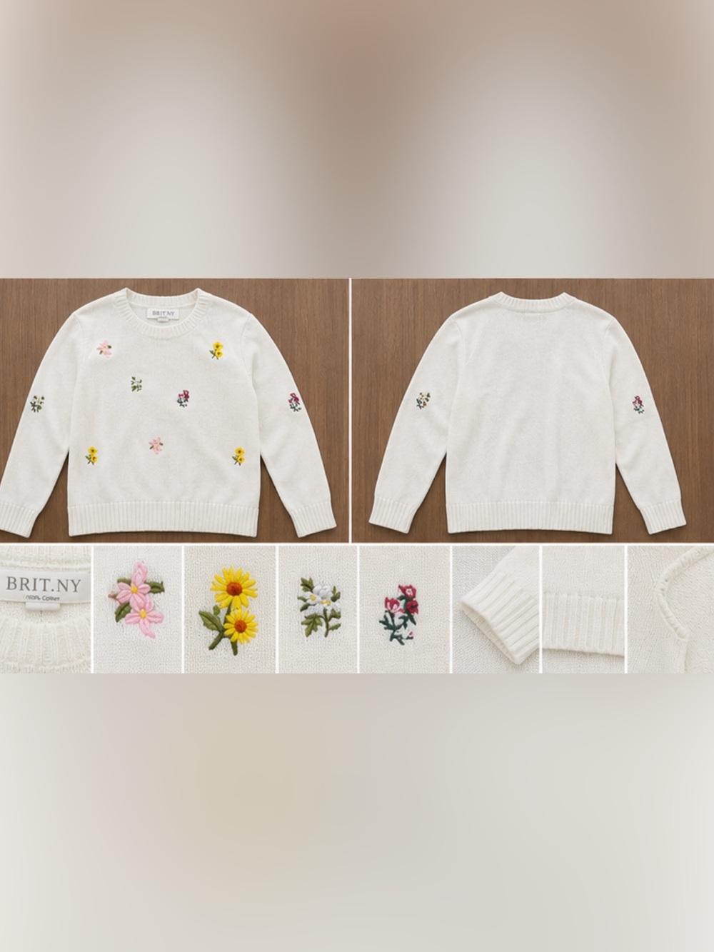 Cream Floral Embroidered Crewneck Sweater